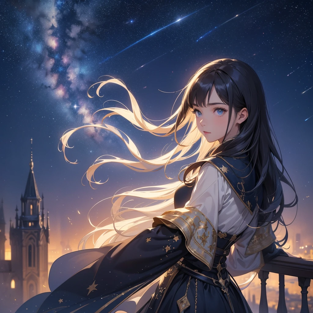 Wide dark starry sky, creative, wallpaper, 4K, best resolution, work of art, pointing to the stars, half Moon, super detailed looking at the sky, nebula, mist, fancy, distant city, medieval era, melhor wualidade, (roupa roxa), ( cabelo dourado)