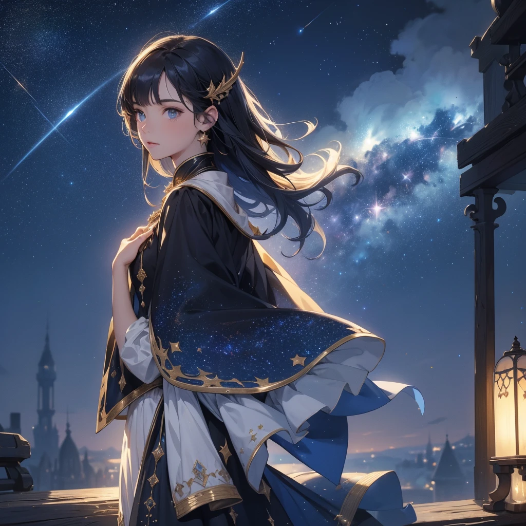 Wide dark starry sky, creative, wallpaper, 4K, best resolution, work of art, pointing to the stars, half Moon, super detailed looking at the sky, nebula, mist, fancy, distant city, medieval era, melhor wualidade, (roupa roxa), ( cabelo dourado)