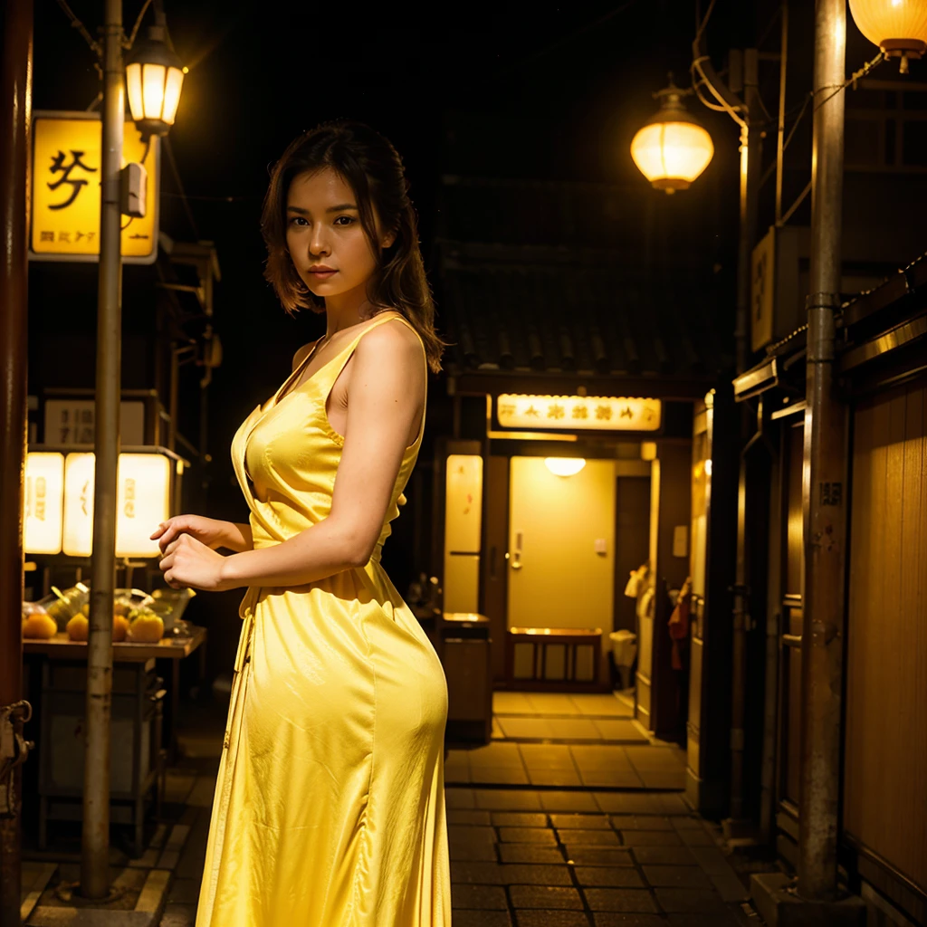 Female supermodel. Yellow evening dress. Dim, soft lighting. Sunset. Sunset. Kappabashi Kitchen Tools Street, Tokyo, Japan.