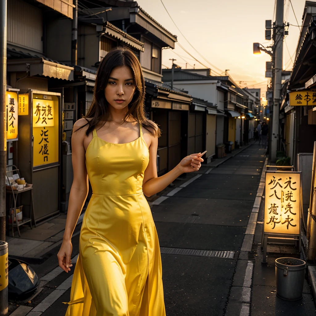 Female supermodel. Yellow evening dress. Dim, soft lighting. Sunset. Sunset. Kappabashi Kitchen Tools Street, Tokyo, Japan.