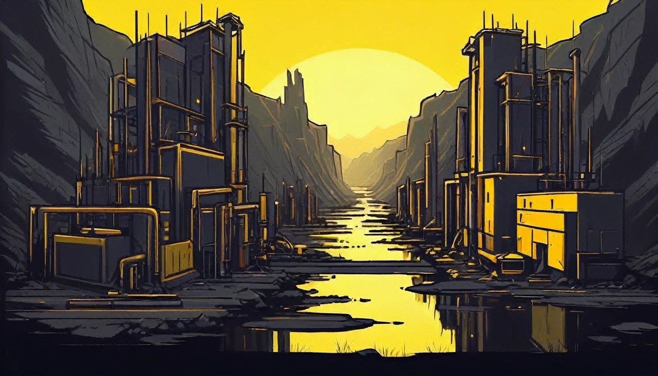 DonML4zrP0pXL,        black & yellow, industrial, heavy duty, modular,           swamp valley surrounded by high rocky cliffs, dawn,