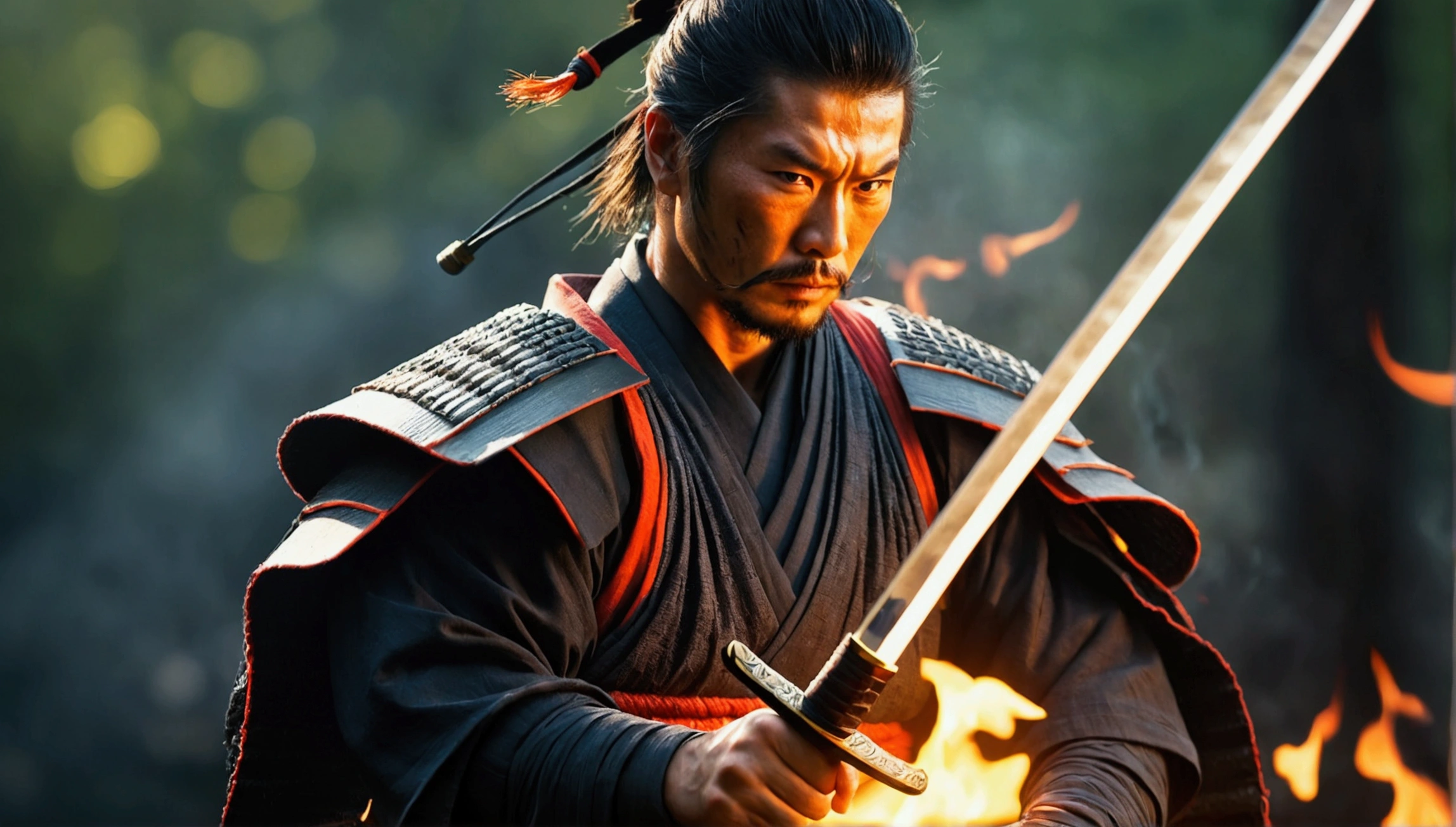 Samurai with a sword, Realistic Effects, Blur the background, 8K, Burning Fire