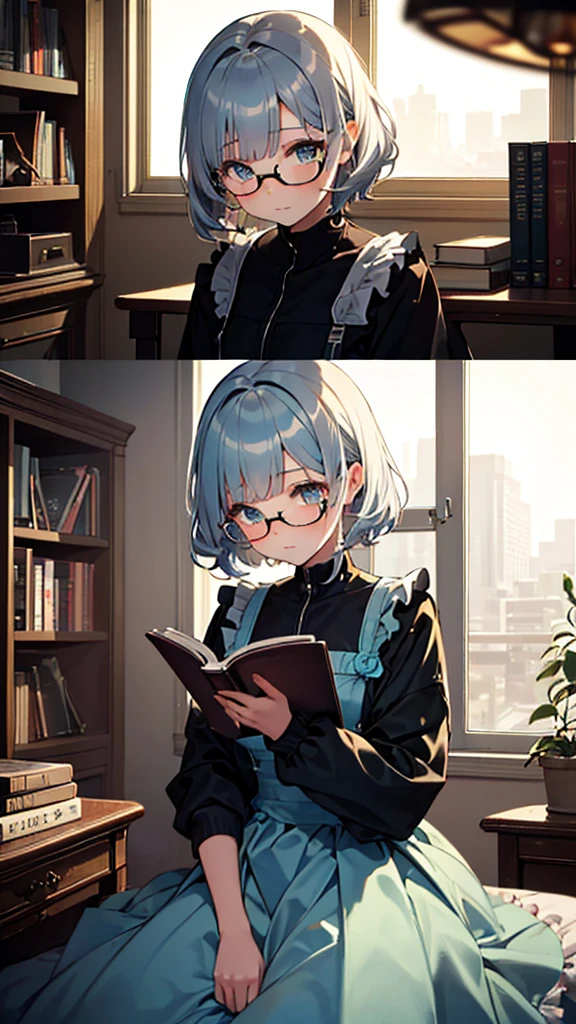 (masterpiece), (best quality), ((very detailed)), (very delicate), (A young girl),10-year-old girl, (silver short hair), with a beautiful blue layer. Soft, shiny hair. Clear cyan droopy eyes, long bangs covering her eyes. Wears glasses to avoid eye contact., Cute frilly dress with detailed textures, Luxurious room with bookshelves and fancy furniture. Often reading books,Shy, always looking down, lacking confidence, on the verge of tears