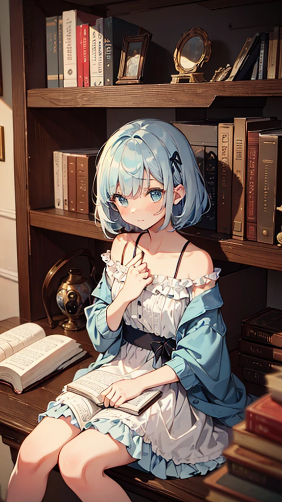 (masterpiece), (best quality), ((very detailed)), (very delicate), (A young girl),****************, (silver short hair), with a beautiful blue layer. Soft, shiny hair. Clear cyan droopy eyes, long bangs covering her eyes. Wears glasses to avoid eye contact., Cute frilly dress with detailed textures, Luxurious room with bookshelves and fancy furniture. Often reading books,Shy, always looking down, lacking confidence, on the verge of tears