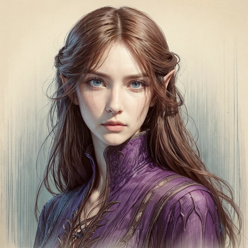 40-year-old woman, almost imperceptible wrinkles, blue eyes, long brown hair falling over her face and shoulders, parted in the middle, purple dress, pale and white skin, serious and thoughtful expression. elven medieval fantasy, vampire, middle part hairstyle, anime drawing style