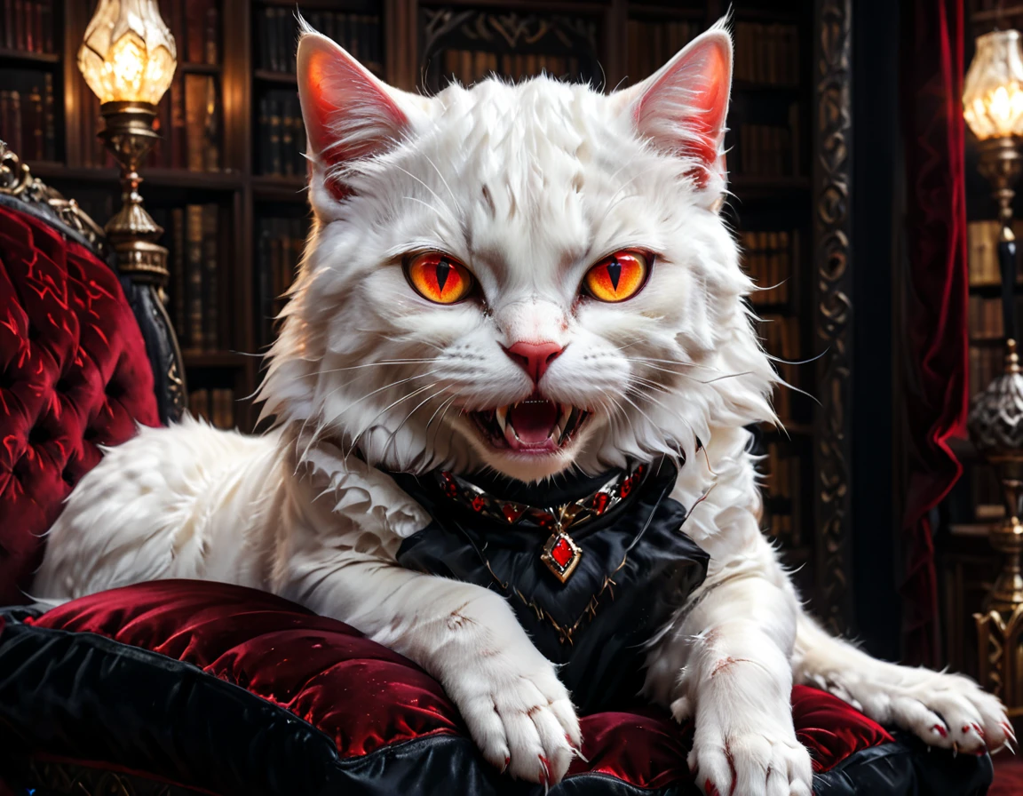 a portrait of vampiric cat, close up portrait of white cat with white fur, shiny fur, red glowing eyes, vampiric feline fangs, he has a red diamond collar, he sits on  a black velvet pillow, intricate detailed pillow, (full body shot: 1.3), dark fantasy library in the background, Ultra-high resolution, High Contrast, (masterpiece:1.5), (anatomically correct: 1.4), highest quality, Best aesthetics), best details, best quality, highres, ultra wide angle, 16k, [ultra detailed], masterpiece, best quality, (extremely detailed), Amber cat eyes, ZipFile Comi Style