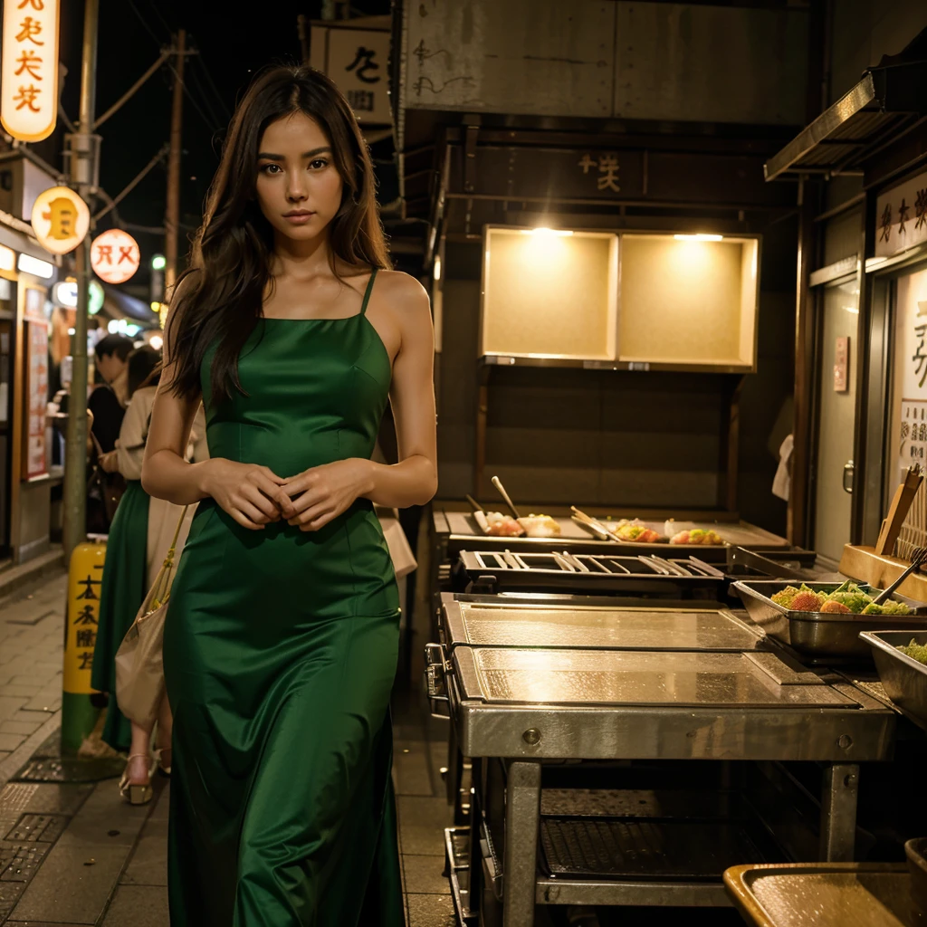 Female supermodel. Green evening dress. Dim, soft lighting. Sunset. Sunset. Kappabashi Kitchen Tools Street, Tokyo, Japan.