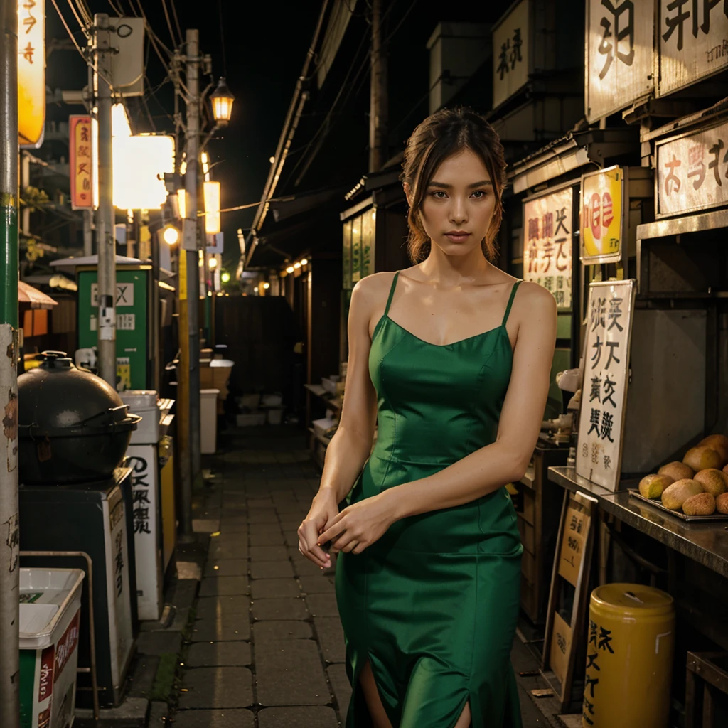 Female supermodel. Green evening dress. Dim, soft lighting. Sunset. Sunset. Kappabashi Kitchen Tools Street, Tokyo, Japan.