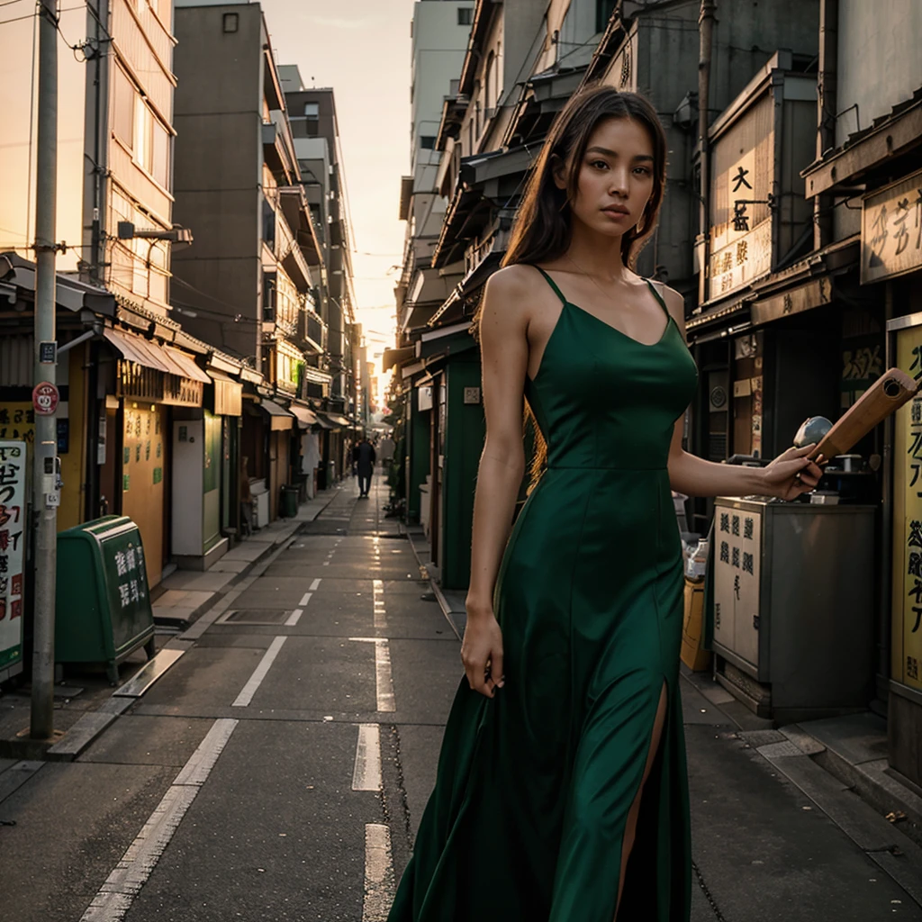 Female supermodel. Green evening dress.  Dim, soft lighting. Sunset. Sunset. Kappabashi Kitchen Tools Street, Tokyo, Japan.