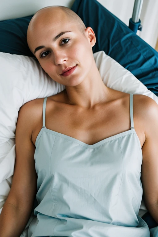 Photo of a bald woman in intensive care in bed