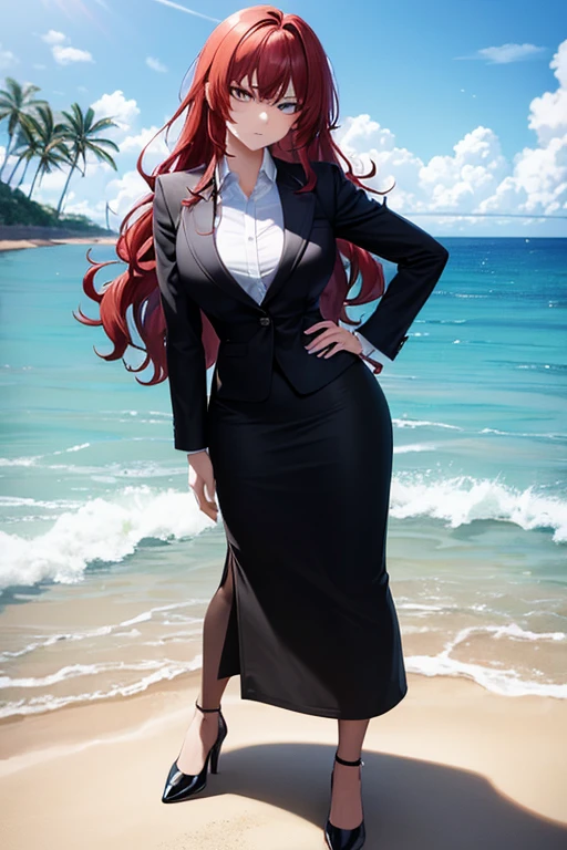 ((masterpiece, best quality)), highres, beautiful angry business woman looking at viewer frustrated, black business suit, black midi pencil skirt, long skirt, black blazer and tie, heels, full body, hand on hip, medium crimson hair, wavy hair, summer, beach, ocean, ocean waves, rock, sand