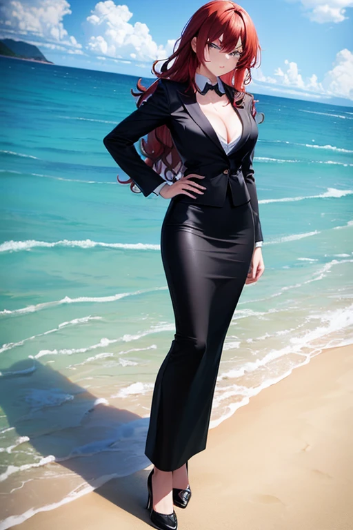 ((masterpiece, best quality)), highres, beautiful angry business woman looking at viewer frustrated, black business suit, black midi pencil skirt, long skirt, black blazer and tie, heels, full body, hand on hip, medium crimson hair, wavy hair, summer, beach, ocean, ocean waves, rock, sand