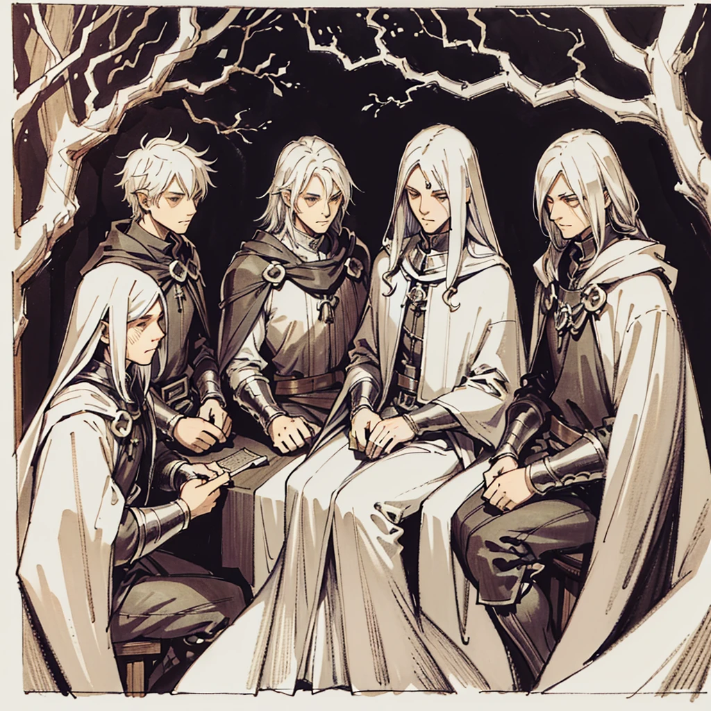 Four men sitting in a medieval inn, white and black, pencil draw, sketch, style of Anne Stokes, by Anne Stokes, white cloak, trees on background, no pupils, angry, white hair, high detail, from above, panorama, anatomically correct, super detail, high quality, best quality, highres, 4K