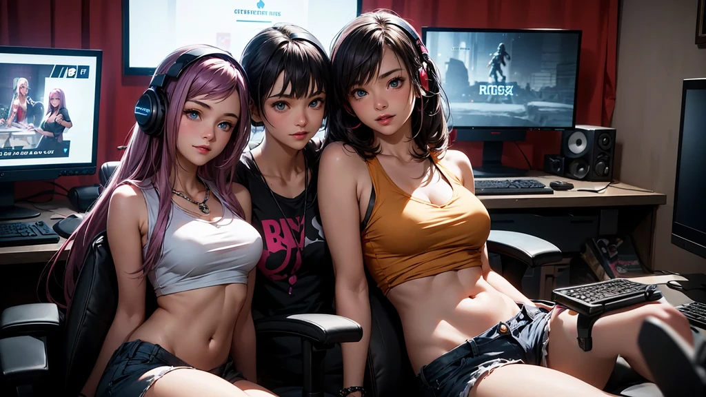 Render a top-quality image of two 18-year-old girls in a nerdy gaming room having a sleepover. The first girl has a heart tattoo on her right shoulder, long purple hair, and blue eyes. She is wearing a black navel crop top and jean shorts, highlighting her slender figure and best bust of 85. She is sitting in a gaming chair, slouched with a smile, holding a gaming controller. The second girl, her girlfriend, has long pink hair and green eyes. She is wearing a white tank top and denim shorts, showing off her fit and curvy figure. She is standing behind the gaming chair, leaning in with a smile, holding a second controller. Both girls are adorned with chain accessories, black wristbands, and gaming headphones.
The background features a cozy, neon-colored room filled with various nerdy and gaming paraphernalia, including posters, action figures, and gaming consoles. The room has a gaming PC on a desk, a gaming chair, and a bed with plush pillows and blankets to enhance the sleepover ambiance. The image should exhibit high-quality visual artistry, with intricate details and a warm, inviting atmosphere, capturing the fun and relaxed vibe of a gaming sleepover.