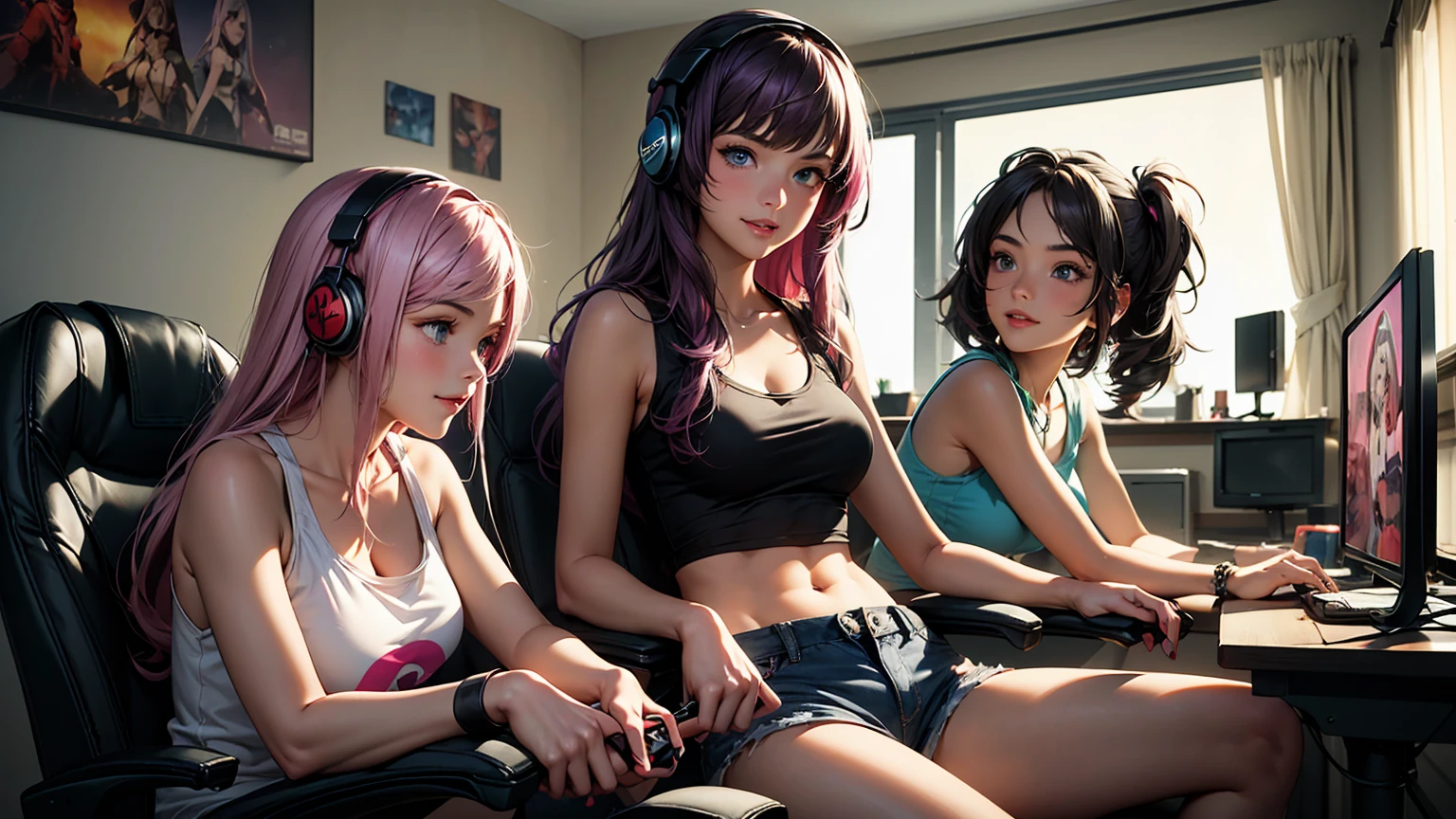 Render a top-quality image of two 18-year-old girls in a nerdy gaming room having a sleepover. The first girl has a heart tattoo on her right shoulder, long purple hair, and blue eyes. She is wearing a black navel crop top and jean shorts, highlighting her slender figure and best bust of 85. She is sitting in a gaming chair, slouched with a smile, holding a gaming controller. The second girl, her girlfriend, has long pink hair and green eyes. She is wearing a white tank top and denim shorts, showing off her fit and curvy figure. She is standing behind the gaming chair, leaning in with a smile, holding a second controller. Both girls are adorned with chain accessories, black wristbands, and gaming headphones.
The background features a cozy, neon-colored room filled with various nerdy and gaming paraphernalia, including posters, action figures, and gaming consoles. The room has a gaming PC on a desk, a gaming chair, and a bed with plush pillows and blankets to enhance the sleepover ambiance. The image should exhibit high-quality visual artistry, with intricate details and a warm, inviting atmosphere, capturing the fun and relaxed vibe of a gaming sleepover.