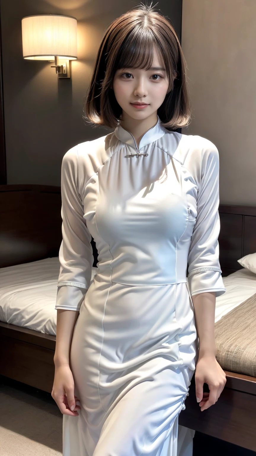 (absurdres:1.3), (highres:1.3), (ultra detailed:1.3),(1girl:1.3), (extremely detailed CG unity 8k wallpaper:1.3), (detailed skin texture, detailed cloth texture, detailed hair texture), (beautiful detailed face, supermodel, pale skin, realistic glistening skin), (RAW photo, best quality), (realistic, photo-realistic:1.4), masterpiece, extremely delicate and beautiful,Amazing, finely detail, extremely detailed CG unity 8k wallpaper, huge filesize, ultra-detailed, highres, absurdres, soft light,rim light, vibrant details, hotel room, short bob hair, large breasts, black hair color, Big Natural Color Lip, (perfect body shape), beautiful legs, BREAK (white theme:1.5), (half sleeve (white Ao dai):1.4), (bare elbow:1.4), ((plain color, only white color):1.3), (smooth and shiny fabric:1.3), (white heeled sandals:1.2),  crying a little、little smile, Harajuku style、20 year old girl、cute type、lolita、