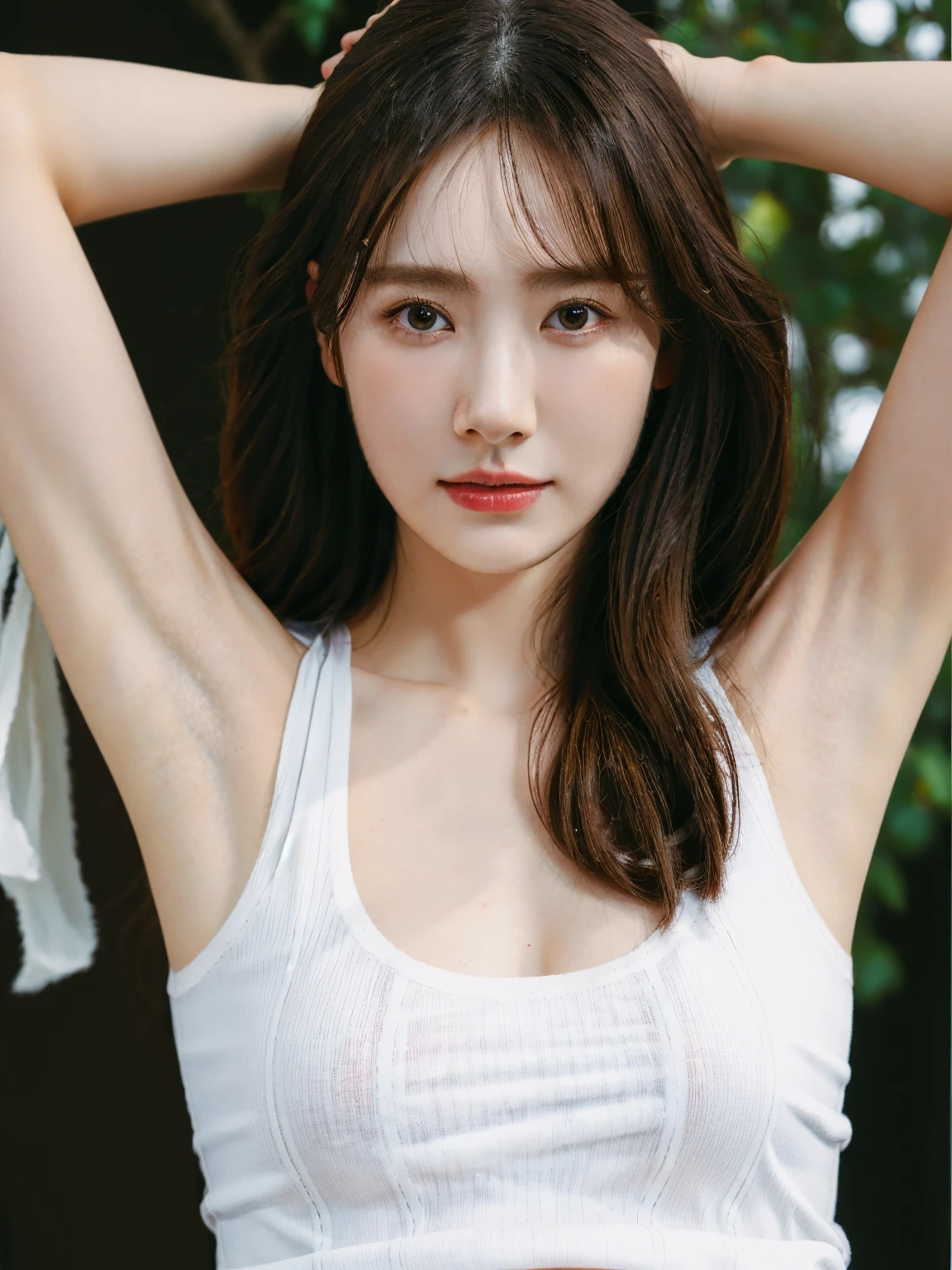 (best quality:1.4), (ultra highres:1.2), (photorealistic:1.4), (16k, RAW photo:1.2),(portrait shot:1.3), bmangpor, 1girl, solo, long hair, brown hair, upper body, white smooth armpits, arm up, knit tanktop, big breast,