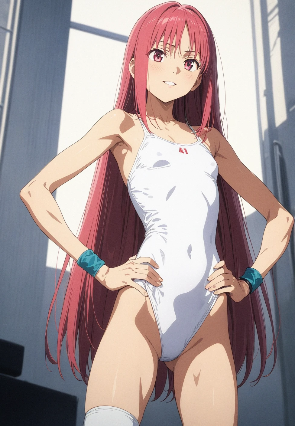 gorgeous lips, cinematic, (masterpiece), (best quality), (ultra-detailed), very aesthetic, perfect composition, intricate details, absurdres, detailed face, (anime, masterpiece, intricate:1.3), (best quality, hires textures, high detail:1.2), A pretty girl with perfect figure,(14years,150cm), (White one-piece swimsuit with pink lines,), Very small breasts,Straight hair,bangss,Stand in the ring of professional wrestling,extremely detailed face and skin, Detailed eyes,knee high socks,wristbands,Grinning smile, Slim body, Slender girl, Slim thighs,small hip,Pose with hands on hips,fight in professional wrestling