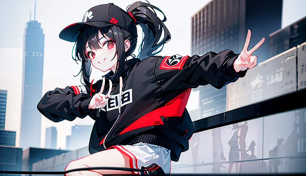 (ponytail),(Black Hair),beautiful girl,Peace sign near face, Wear a black hat,Red sneakers,In the crowd,White tops,Black jacket,Black shorts,Tall buildings,signal machine,A lot of people,smile