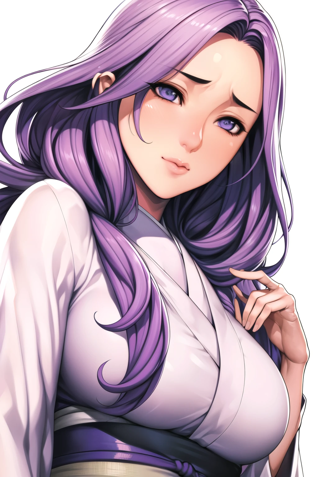 Simple White Background,
dynamic pose,standing at attention,
White_kimono,long sleeves, wide sleeves,
purple_hair, long_hair, hair_pulled_back,parted_lips,purple_eyes, Single_braid,
1 girl, 20yo,Young female,Beautiful long legs,Beautiful body,
Beautiful Nose,Beautiful character design, perfect eyes, perfect face,expressive eyes,perfect balance,
looking at viewer,(Focus on her face),closed mouth, (innocent_big_eyes:1.0),(Light_Smile:0.3),
official art,extremely detailed CG unity 8k wallpaper, perfect lighting,Colorful, Bright_Front_face_Lighting,White skin,
(masterpiece:1.0),(best_quality:1.0), ultra high res,4K,ultra-detailed,
photography, 8K, HDR, highres, absurdres:1.2, Kodak portra 400, film grain, blurry background, bokeh:1.2, lens flare, (vibrant_color:1.2),professional photograph,
(Beautiful,large_Breasts:1.4), (beautiful_face:1.5),(narrow_waist),