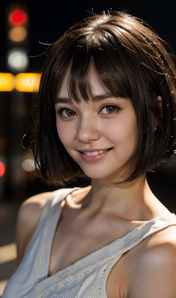 cute 22 year old,1 girl,Slim face Tokyo Street,night, cityscape,city lights, ((face close up:1.5)),((smile showing white teeth)),((Bangs cut)),((Very short hair brown hair)),close, 8k, RAW photo, highest quality, masterpiece,realistic, photo-realistic,
