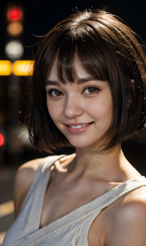 cute 22 year old,1 girl,Slim face Tokyo Street,night, cityscape,city lights, ((face close up:1.5)),((smile showing white teeth)),((Bangs cut)),((Very short hair brown hair)),close, 8k, RAW photo, highest quality, masterpiece,realistic, photo-realistic,