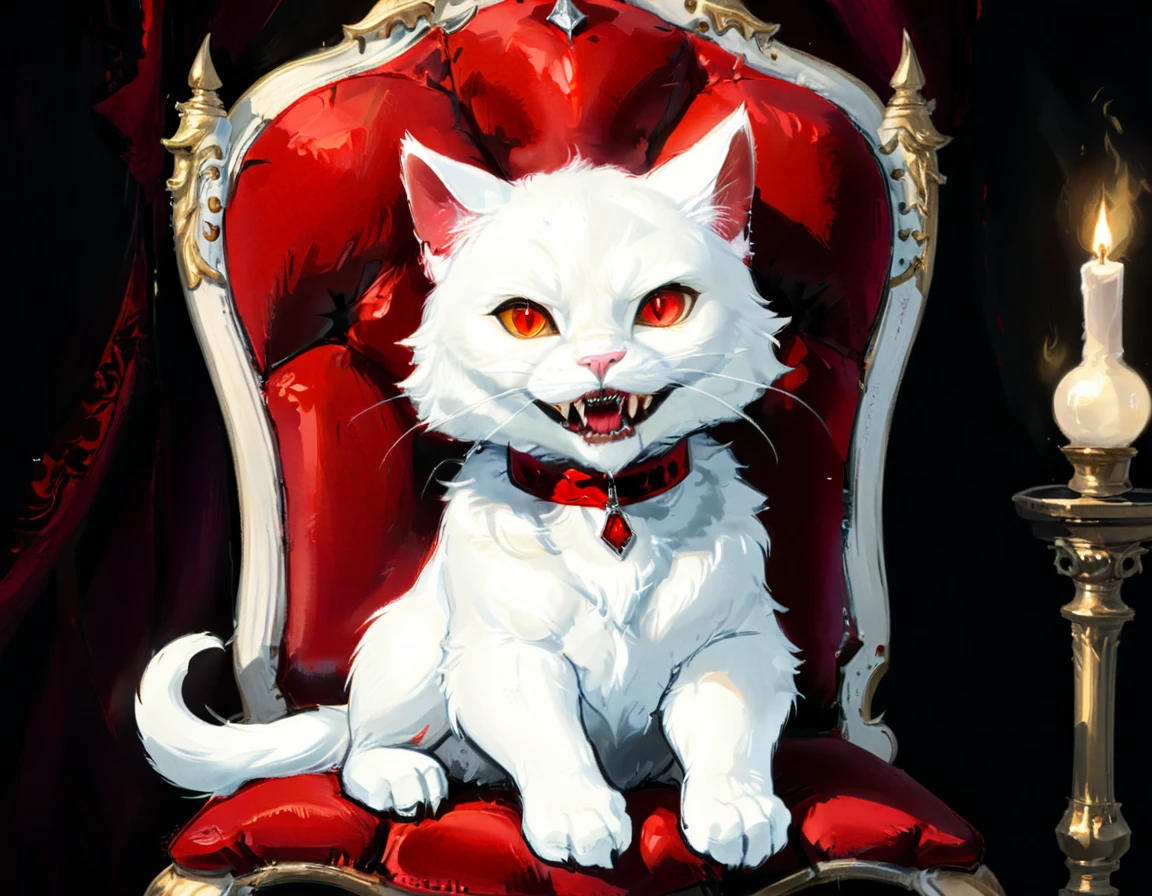 a portrait of vampiric cat, close up portrait of white cat with white fur, shiny fur, red glowing eyes, vampiric feline fangs, he has a red diamond collar, he sits on  a black velvet pillow, intricate detailed pillow, (full body shot: 1.3), dark fantasy library in the background, Ultra-high resolution, High Contrast, (masterpiece:1.5), (anatomically correct: 1.4), highest quality, Best aesthetics), best details, best quality, highres, ultra wide angle, 16k, [ultra detailed], masterpiece, best quality, (extremely detailed), chumbasket art style, vampire teeth, 