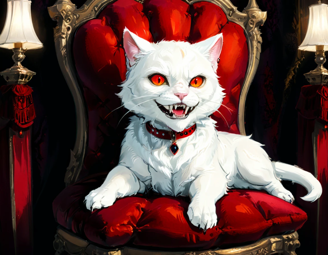 a portrait of vampiric cat, close up portrait of white cat with white fur, shiny fur, red glowing eyes, vampiric feline fangs, he has a red diamond collar, he sits on  a black velvet pillow, intricate detailed pillow, (full body shot: 1.3), dark fantasy library in the background, Ultra-high resolution, High Contrast, (masterpiece:1.5), (anatomically correct: 1.4), highest quality, Best aesthetics), best details, best quality, highres, ultra wide angle, 16k, [ultra detailed], masterpiece, best quality, (extremely detailed), chumbasket art style, vampire teeth, 