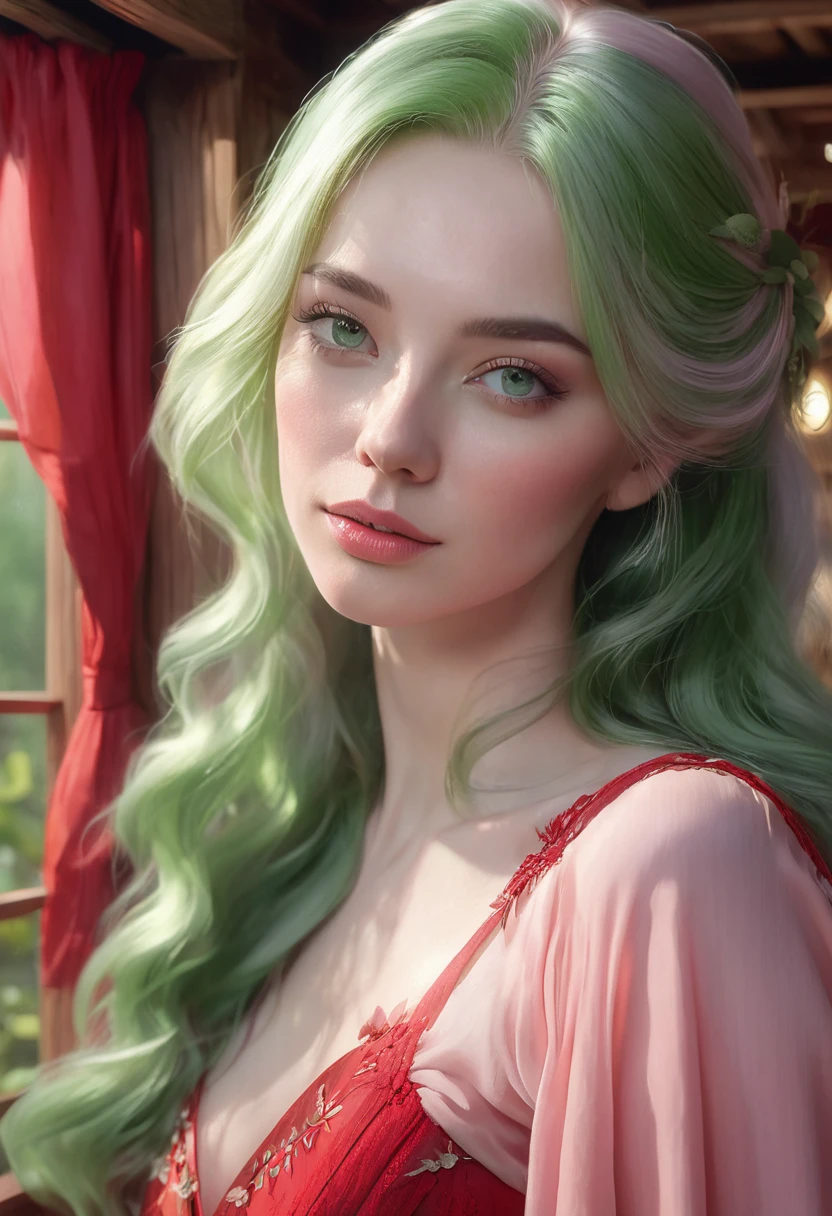 1 woman, inside a wooden house, wearing an elegant red dress, detailed facial features, green and feminine eyes, detailed white skin, light pink hair, soft expression, dramatic lighting, cinematic composition, cool and fresh color palette, fog atmospheric, very beautiful, thin chin, (best quality, 4K, 8K, high resolution, art: 1.2), ultra-detailed, (realistic, photorealistic, photorealistic: 1.37)