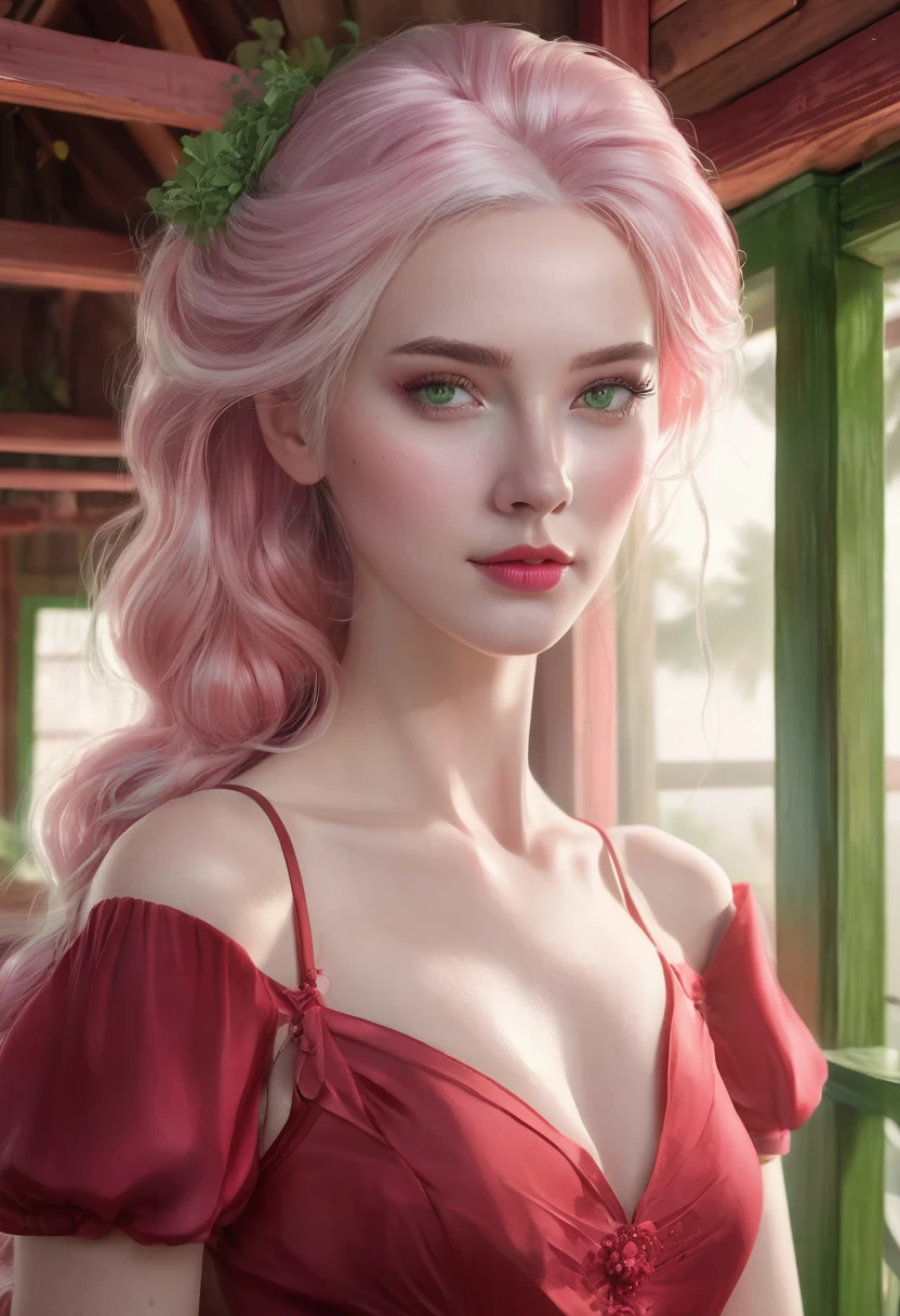 1 woman, inside a wooden house, wearing an elegant red dress, detailed facial features, green and feminine eyes, detailed white skin, light pink hair, soft expression, dramatic lighting, cinematic composition, cool and fresh color palette, fog atmospheric, very beautiful, thin chin, (best quality, 4K, 8K, high resolution, art: 1.2), ultra-detailed, (realistic, photorealistic, photorealistic: 1.37)