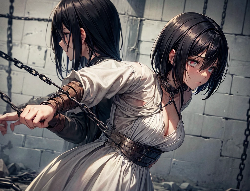A beautiful girl both hands are tied in a prison cell with chains on her neck
She looks like mikasa from attack on titan , her dress is white but dirty she also looks dirty because she is captured and tears are in her eyes... Make her dirty yet beautiful
Make the background with cobblestone walls and is gloom sad and dark