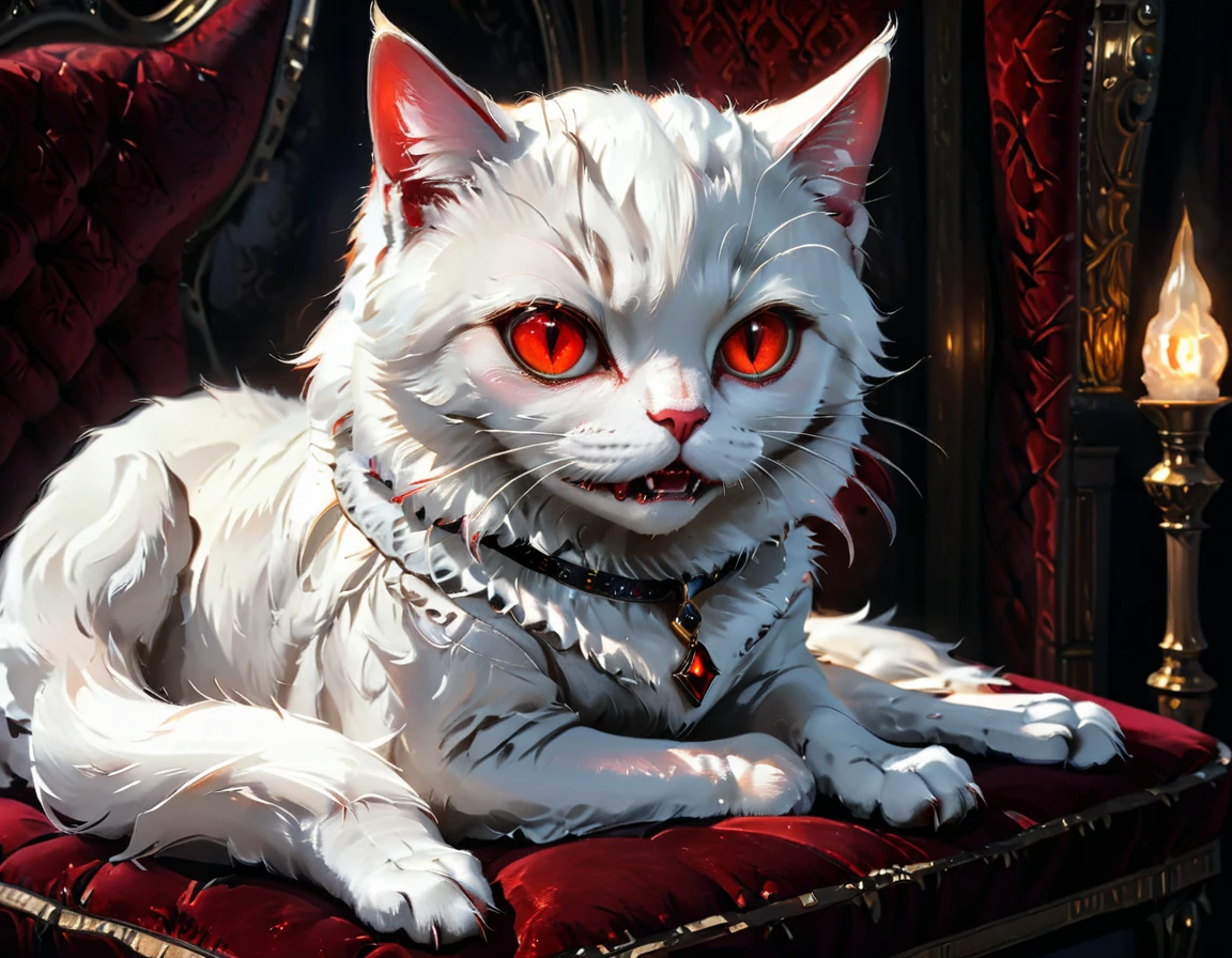 a portrait of vampiric cat, close up portrait of white cat with white fur, shiny fur, red glowing eyes, vampiric feline fangs, he has a red diamond collar, he sits on  a black velvet pillow, intricate detailed pillow, (full body shot: 1.3), dark fantasy library in the background, Ultra-high resolution, High Contrast, (masterpiece:1.5), (anatomically correct: 1.4), highest quality, Best aesthetics), best details, best quality, highres, ultra wide angle, 16k, [ultra detailed], masterpiece, best quality, (extremely detailed), Amber cat eyes, vampire teeth, 
