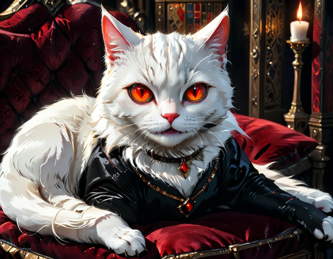a portrait of vampiric cat, close up portrait of white cat with white fur, shiny fur, red glowing eyes, vampiric feline fangs, he has a red diamond collar, he sits on  a black velvet pillow, intricate detailed pillow, (full body shot: 1.3), dark fantasy library in the background, Ultra-high resolution, High Contrast, (masterpiece:1.5), (anatomically correct: 1.4), highest quality, Best aesthetics), best details, best quality, highres, ultra wide angle, 16k, [ultra detailed], masterpiece, best quality, (extremely detailed), Amber cat eyes, vampire teeth, 