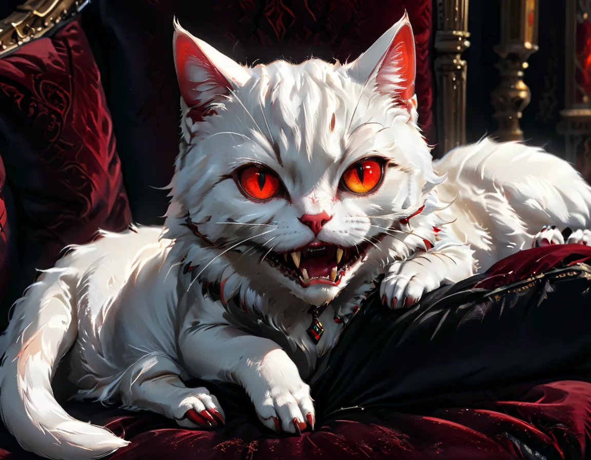 a portrait of vampiric cat, close up portrait of white cat with white fur, shiny fur, red glowing eyes, vampiric feline fangs, he has a red diamond collar, he sits on  a black velvet pillow, intricate detailed pillow, (full body shot: 1.3), dark fantasy library in the background, Ultra-high resolution, High Contrast, (masterpiece:1.5), (anatomically correct: 1.4), highest quality, Best aesthetics), best details, best quality, highres, ultra wide angle, 16k, [ultra detailed], masterpiece, best quality, (extremely detailed), Amber cat eyes, vampire teeth, 