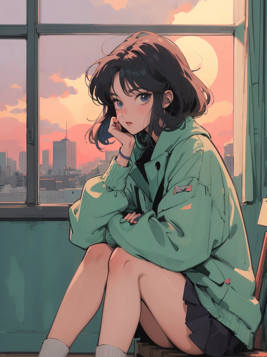 anime girl sitting on floor looking out window at city, anime aesthetic, anime vibes, Lofi Artstyle, Lo-fi portrait in a room, Watching the sunset. anime, Lofty Girl, anime art wallpaper 4 k, anime art wallpaper 4k, anime art wallpaper 8 k, anime background art, Lofi Color, Lofi Art, anime asthetic