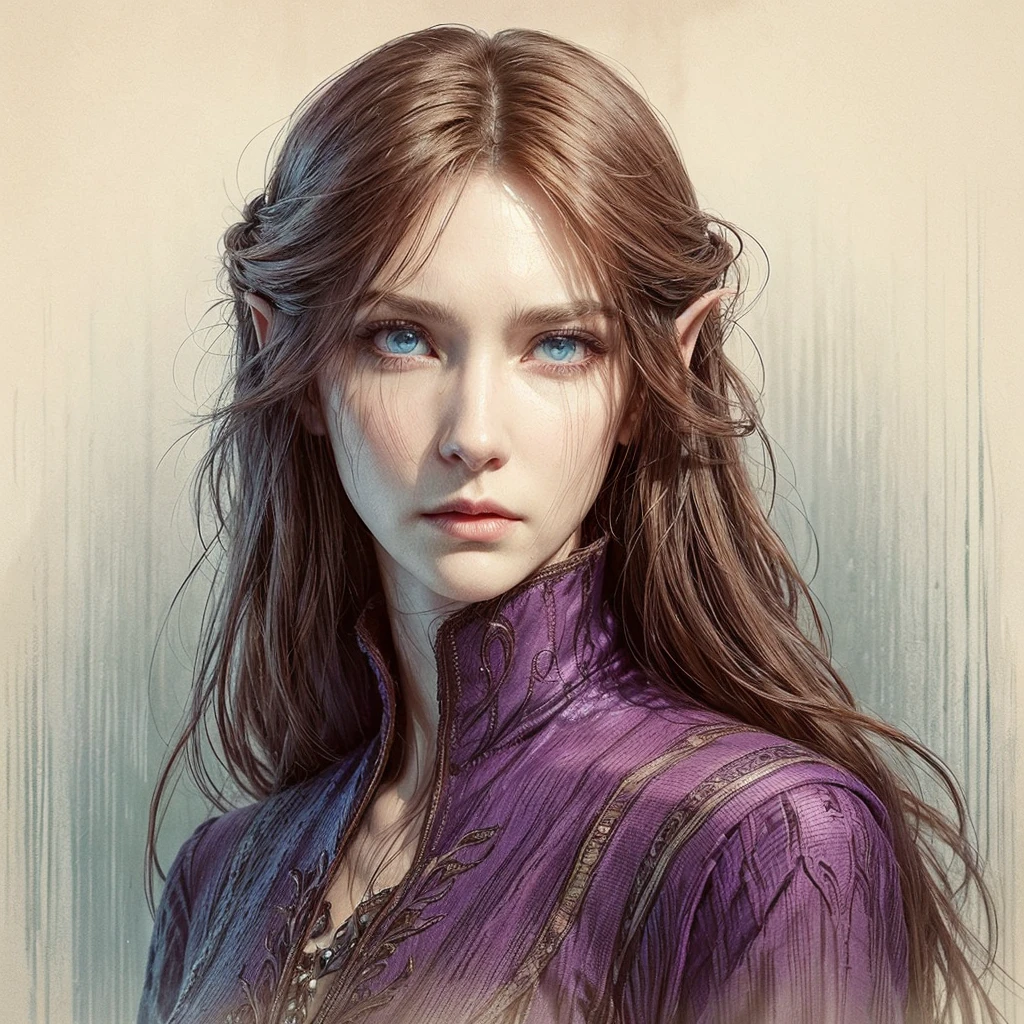 a middle-aged woman with almost invisible wrinkles, piercing blue eyes, long flowing brown hair parted in the middle and falling over her face and shoulders, wearing a flowing purple dress, pale and porcelain-like skin, a serious and pensive expression, elven medieval fantasy, vampire, anime drawing style, middle part hairstyle, highly detailed portrait, intricate facial features, chiaroscuro lighting, dramatic atmospheric lighting, cinematic composition, digital painting, vibrant colors, masterpiece, best quality, 8k, photorealistic
