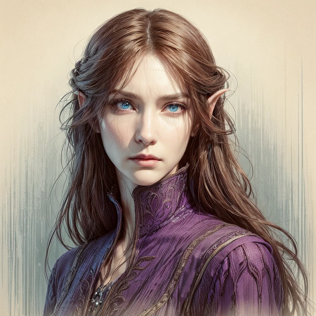 a middle-aged woman with almost invisible wrinkles, piercing blue eyes, long flowing brown hair parted in the middle and falling over her face and shoulders, wearing a flowing purple dress, pale and porcelain-like skin, a serious and pensive expression, elven medieval fantasy, vampire, anime drawing style, middle part hairstyle, highly detailed portrait, intricate facial features, chiaroscuro lighting, dramatic atmospheric lighting, cinematic composition, digital painting, vibrant colors, masterpiece, best quality, 8k, photorealistic