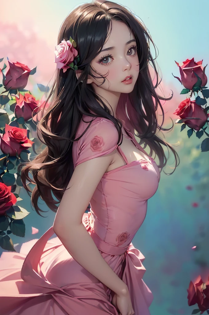 Staring straight ahead,Facing forward,front facing portrait((Highly detailed CG unit 8k wallpaper, masterpiece, High resolution, highest quality, highest qualityのリアルテクスチャスキン)), ((very beautiful woman, :1.5, plump lips, (messy black hair, white skin, small breasts), ((and handle background, Colorful background with roses and 、PINKwarm color)), hyper realistic, digital painting, concept art,,Girl looking straight ahead,sexly,front facing body looking up,comprehensive,A red dress with an open chest,Date