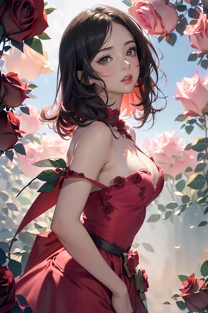 Staring straight ahead,Facing forward,front facing portrait((Highly detailed CG unit 8k wallpaper, masterpiece, High resolution, highest quality, highest qualityのリアルテクスチャスキン)), ((very beautiful woman, :1.5, plump lips, (messy black hair, white skin, small breasts), ((and handle background, Colorful background with roses and 、PINKwarm color)), hyper realistic, digital painting, concept art,,Girl looking straight ahead,sexly,front facing body looking up,comprehensive,A red dress with an open chest,Date