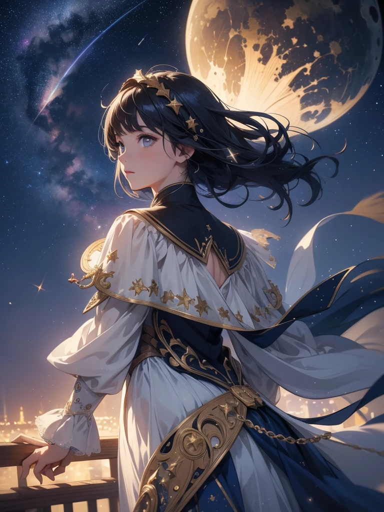 Wide dark starry sky, creative, wallpaper, 4K, best resolution, work of art, pointing to the stars, half Moon, super detailed looking at the sky, nebula, mist, fancy, distant city, medieval era, melhor wualidade, (roupa roxa), (cabeça dourado)