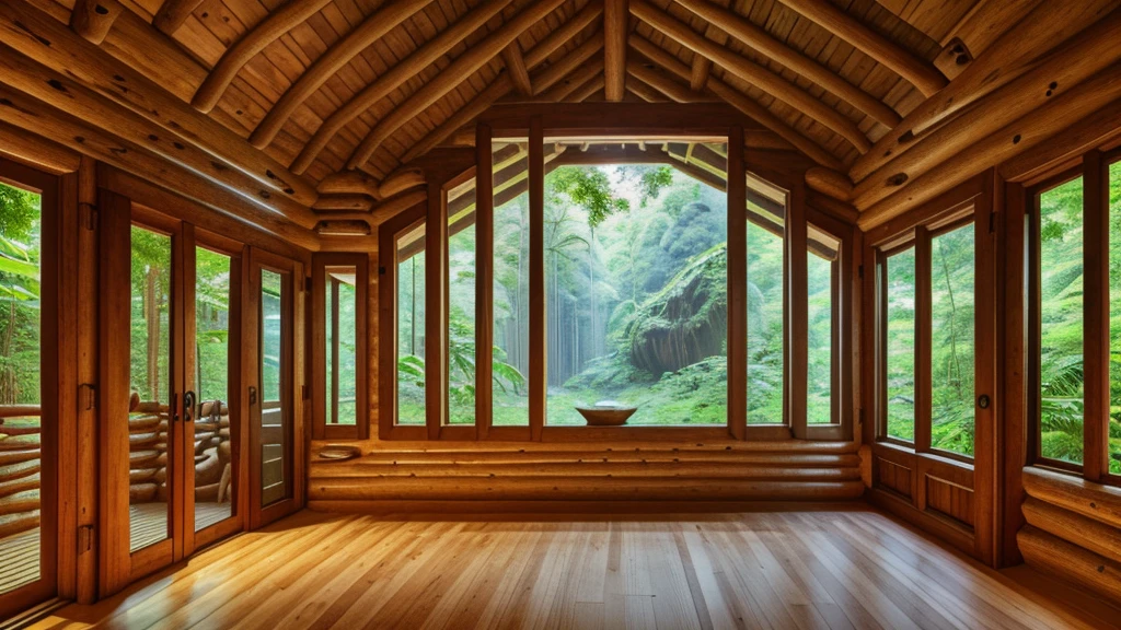 A wooden cabin in the middle of the rainforest, one of the walls with windows forms a face (pareidolia), ultra-realistic, high definition, 4K