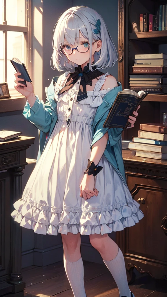 (masterpiece), (best quality), ((very detailed)), (very delicate), (A young girl),****************, silver short hair. Soft, shiny hair. Clear cyan droopy eyes, long bangs covering her eyes. Wears glasses to avoid eye contact., Cute frilly dress with detailed textures, Luxurious room with bookshelves and fancy furniture. Often reading books,Shy, always looking down, lacking confidence, on the verge of tears