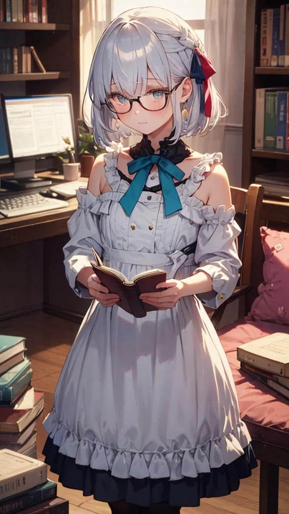 (masterpiece), (best quality), ((very detailed)), (very delicate), (A young girl),****************, silver short hair. Soft, shiny hair. Clear cyan droopy eyes, long bangs covering her eyes. Wears glasses to avoid eye contact., Cute frilly dress with detailed textures, Luxurious room with bookshelves and fancy furniture. Often reading books,Shy, always looking down, lacking confidence, on the verge of tears