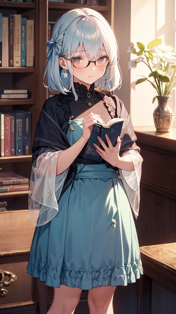 (masterpiece), (best quality), ((very detailed)), (very delicate), (A young girl),-yeld gi silver short hair. Soft, shiny hair. Clear cyan droopy eyes, long bangs covering her eyes. Wears glasses to avoid eye contact., Cute frilly dress with detailed textures, Luxurious room with bookshelves and fancy furniture. Often reading books,Shy, always looking down, lacking confidence, on the verge of tears