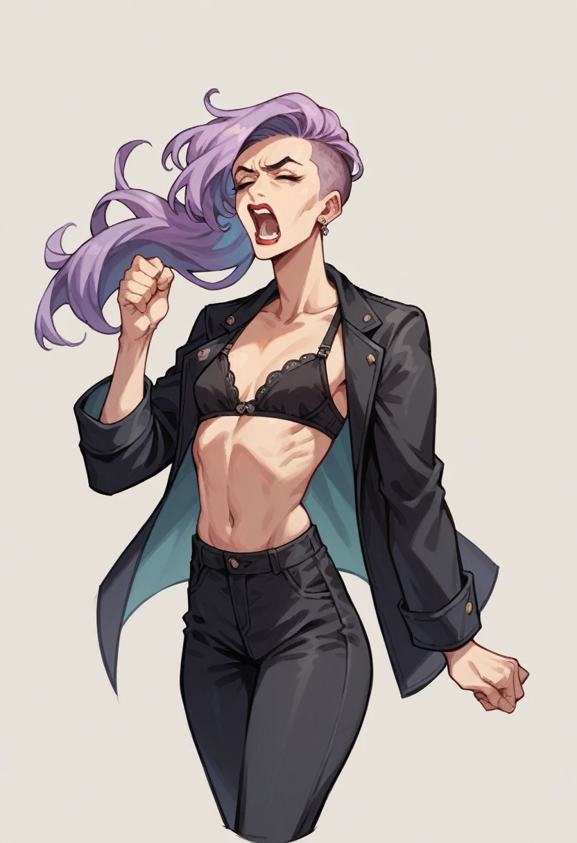 beautyful woman, lilac hair, red lipstick, sidecut hair, long hair, long ponytail hair, black bra, black jacket, black pants,, milf, mature, slender body, small breasts, mature face,in a hurry, tense, screaming