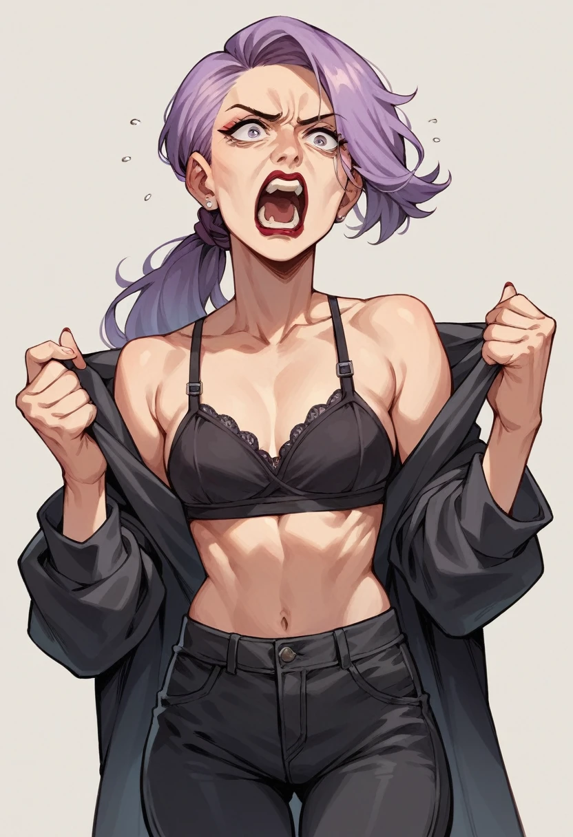 slender woman, lilac sidecut hair, hair shaved in the sides, tattoos, ,long hair, black jacket, black pants, black bra, scared, hands up, talking, milf