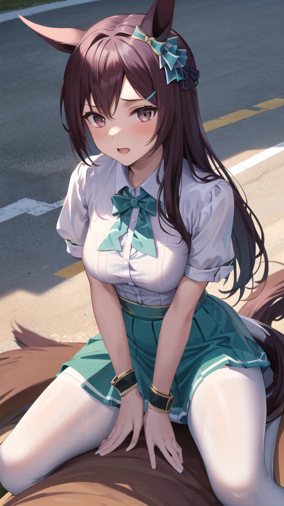 masterpiece, best quality, highres, ccsuzuka, long hair, animal ears, ear covers, white hairband, horse tail, white shirt, green ribbon, short sleeves, blue skirt, black pantyhose,((woman on top,vaginal,sex))