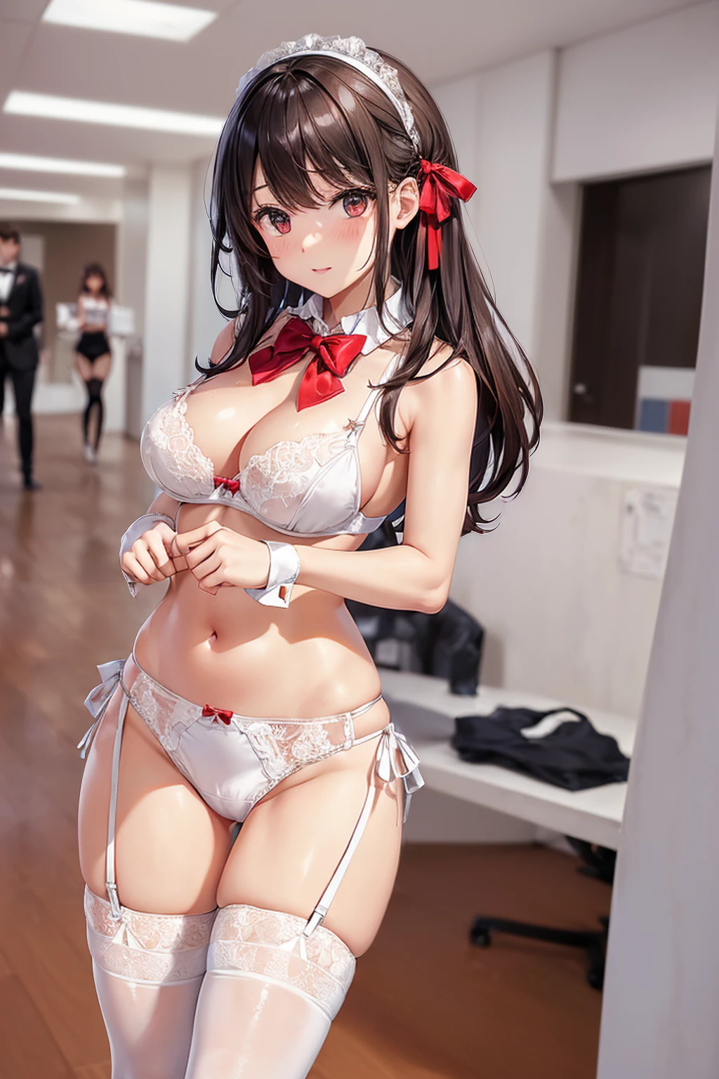 ((一人のWoman in underwearはセクシーにOffice corridorを歩いている:1.8), Beautiful Anime Women, Beautiful art style, Anime characters, ((Smooth texture, Realistic texture, Anime CG Style)), ((Highest quality)), (Very detailed), (Very detailed CG 統合 8k 壁紙), Very detailed, High-resolution RAW color photos, Professional photography, (Brown Hair, Stylish hairstyle:1.1), Great face and eyes, Beautiful and big breasts, Slender body, (Stunningly beautiful woman), (Detailed face:1.2), (Office corridor, There is a window in the hallway:1.3), (Many men in suits are walking in the background:1.4), ((Bow tie around neck:1.3), (Black high heels:1), (Sexy and cute white underwear:1.3), (Stylish shiny white satin panties, Side-tie panties, Panties with plain white center and lace decoration on the sides:1.3), (Thin panties with red ribbon:1.3), (White micro lace satin bra, White bra with lace trim, Thin bra with red ribbon:1.3), (lace garter belt, Garter Strings, Knee socks:1.3):1.3), (naked, Woman in underwear, 女性はブラとパンティとKnee socksとガーターベルトだけを着用:1.5), Exact number of arms, Exact number of legs, Perfect Anatomy, (Embarrassed expression, Surprised expression), Angle from the front, Exact finger count、Exact number of legs、(Exact number of arms:1.0, Exact number of hands:1.0), (Perfect hands, Perfect Anatomy)