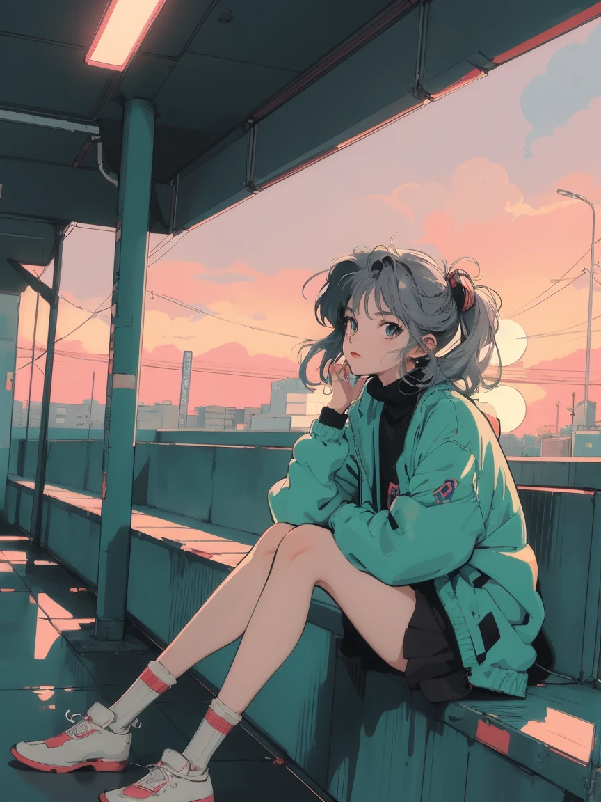 anime girl sitting on floor looking out window at city, anime aesthetic, anime vibes, Lofi Artstyle, Low-fi portrait by the wall, Watching the sunset. anime, Lofty Girl, anime art wallpaper 4 k, anime art wallpaper 4k, anime art wallpaper 8 k, anime background art, Lofi Color, Lofi Art, anime asthetic