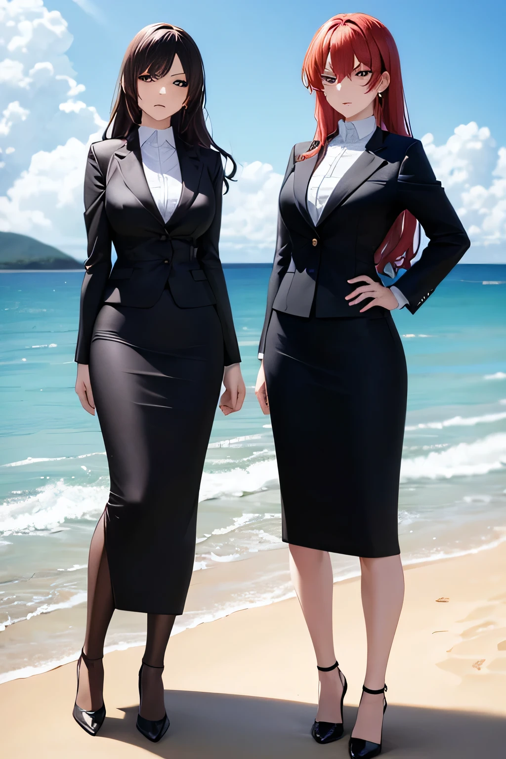 ((masterpiece, best quality)), highres, two beautiful angry business women looking at viewer frustrated, black business suit, black midi pencil skirt, long skirt, black blazer and tie, heels, full body, hand on hip, medium crimson hair, wavy hair, summer, beach, ocean, ocean waves, rock, sand